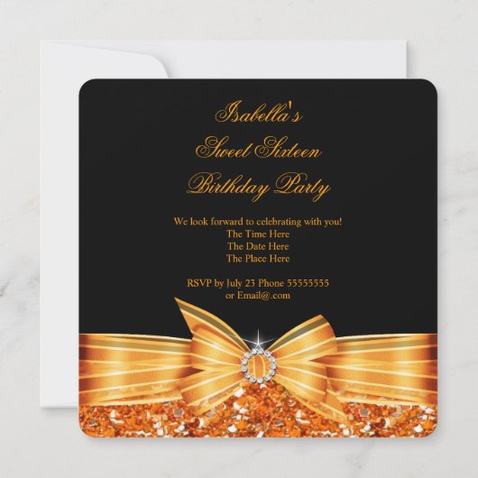 Sweet 16 Luxe Glitter Oranje Gold Black Party Kaart (Achterkant)