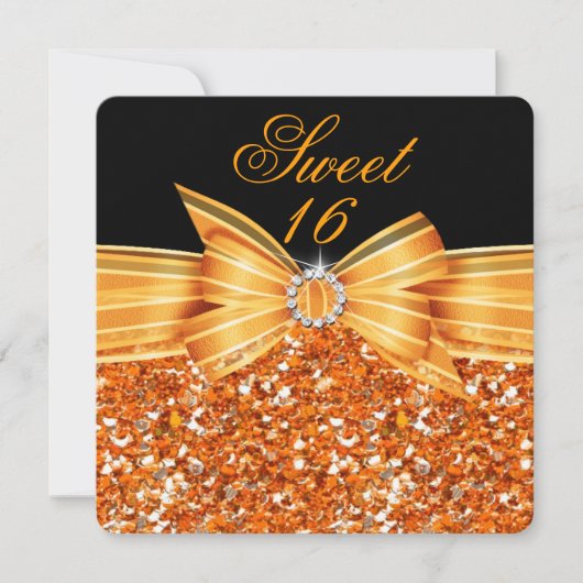 Sweet 16 Luxe Glitter Oranje Gold Black Party Kaart (Voorkant)