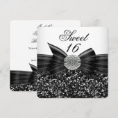 Sweet 16 Luxury Glitter Bow Silver Black White Kaart (Voorkant / Achterkant)