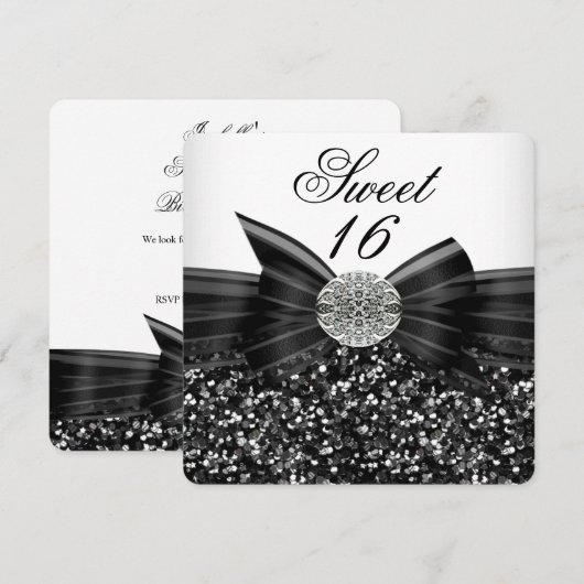 Sweet 16 Luxury Glitter Bow Silver Black White Kaart (Voorkant / Achterkant)