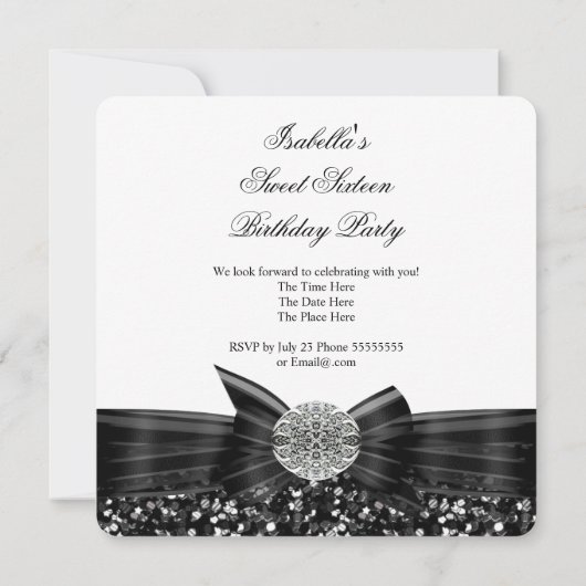 Sweet 16 Luxury Glitter Bow Silver Black White Kaart (Achterkant)