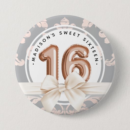 Sweet 16 Luxury Roos gold Balloons Damask Ronde Button 7,6 Cm (Voorkant)