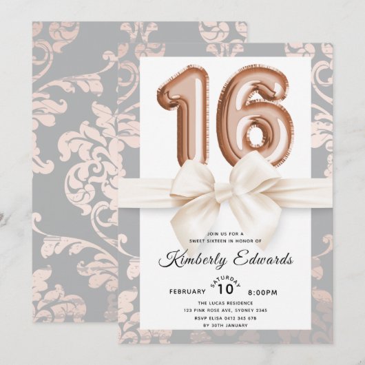 Sweet 16 Luxury Roos gold Balloons Kaart (Voorkant / Achterkant)