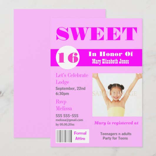 Sweet 16 magazine foto PERSONALIZE Kaart (Voorkant / Achterkant)