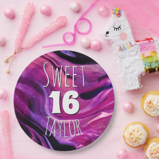 Sweet 16 Magenta Purple Marble Personalized Papieren Bordje