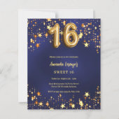Sweet 16 marine blauw goud sterren uitnodiging (Voorkant)