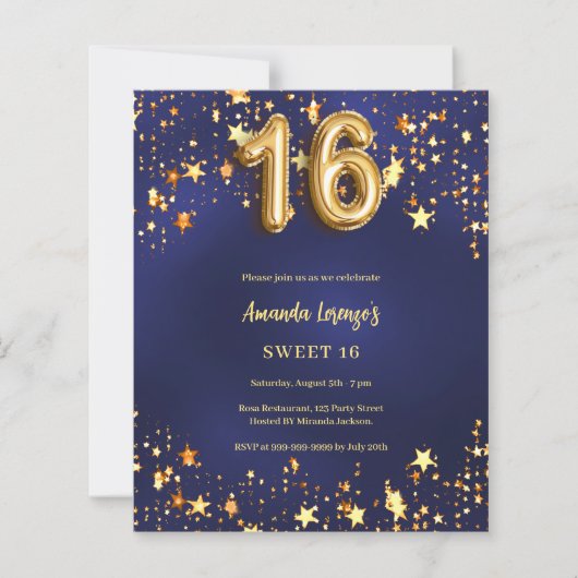 Sweet 16 marine blauw goud sterren uitnodiging (Voorkant)