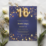 Sweet 16 marine blauw goud sterren uitnodiging<br><div class="desc">Een moderne,  stijlvolle uitnodiging voor een Sweet 16. Een marineblauwe achtergrond,  versierd met gouden sterren. De blauwe kleur is ongelijk. Personaliseer en voeg jouw namen en partijgegevens toe. 1 vel = 1 uitnodiging bedrukt rand tot rand.</div>