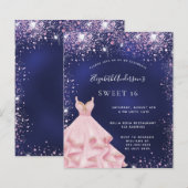 Sweet 16 marine blauw roze jurk uitnodiging (Voorkant / Achterkant)