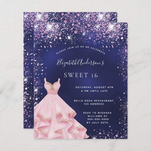 Sweet 16 marine blauw roze jurk uitnodiging (Voorkant / Achterkant)