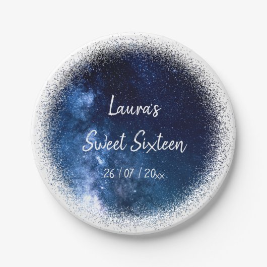 Sweet 16 marineblauw glitter papier Bord (Voorkant)
