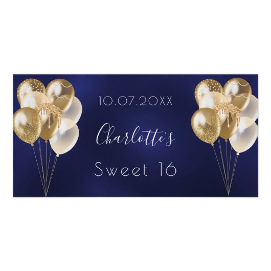 Sweet 16 marineblauw goudballonfeest perfect poster (Voorkant)