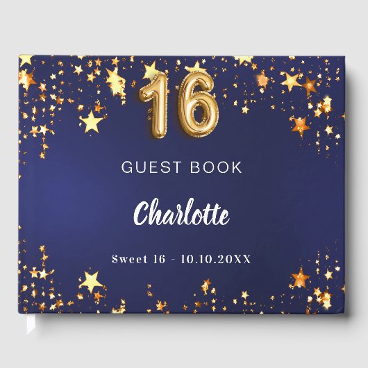 Sweet 16 marineblauw gouden sterren gastenboek (Voorkant)