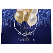 Sweet 16 marineblauw goudglitter druppelt ballonne groot cadeauzakje (Voorkant)
