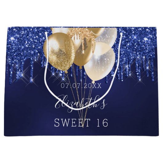 Sweet 16 marineblauw goudglitter druppelt ballonne groot cadeauzakje (Voorkant)
