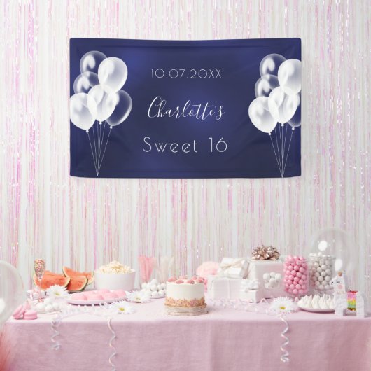 Sweet 16 marineblauw-witte ballonpartij spandoek (Feest)