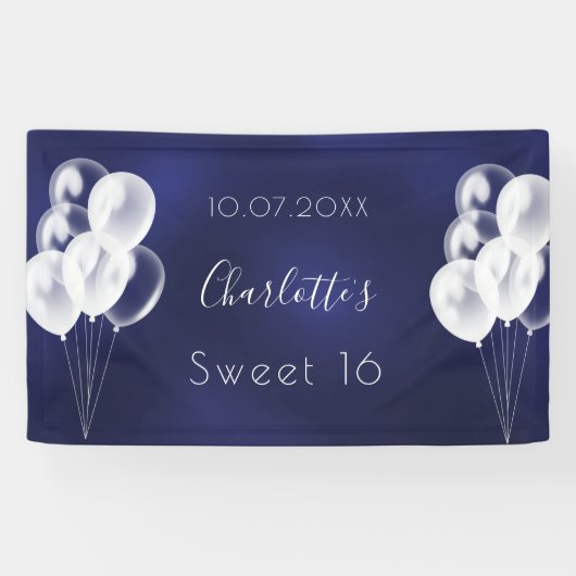 Sweet 16 marineblauw-witte ballonpartij spandoek (Horizontaal)
