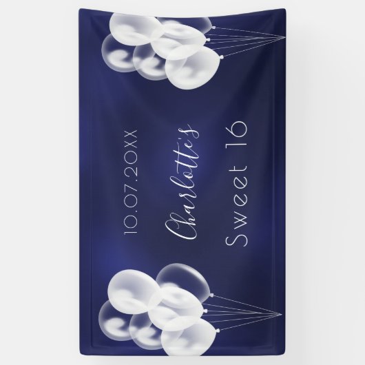 Sweet 16 marineblauw-witte ballonpartij spandoek (Verticaal)