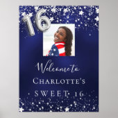 Sweet 16 marineblauw zilver sterren foto welkom poster (Voorkant)