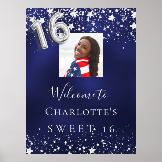 Sweet 16 marineblauw zilver sterren foto welkom poster (Voorkant)