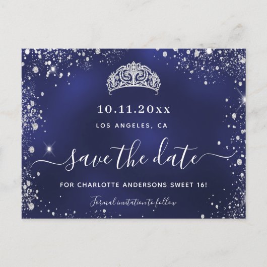 Sweet 16 marineblauw zilver tiara met uitzondering aankondigingskaart (Voorkant)