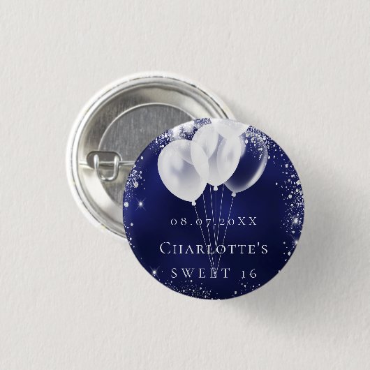 Sweet 16 marineblauw zilverglitter-ballonnaamlabel ronde button 3,2 cm (Voorkant /achterkant)