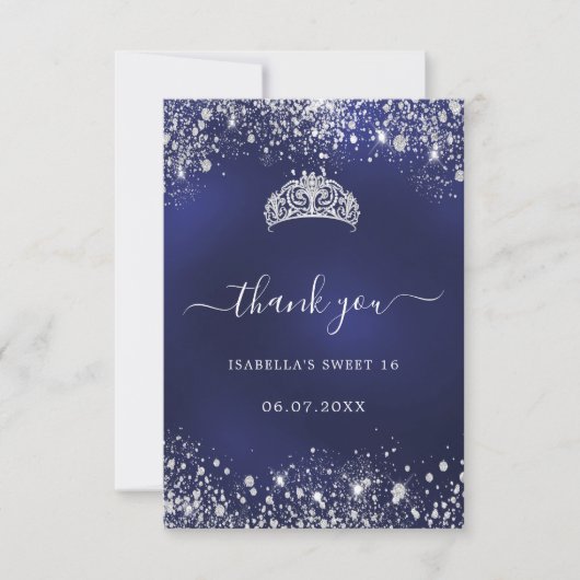 Sweet 16 marineblauw zilverglitter tiara bedankkaart (Voorkant)