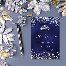 Sweet 16 marineblauw zilverglitter tiara bedankkaart
