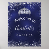 Sweet 16 marineblauw zilverglitter welkom poster (Voorkant)