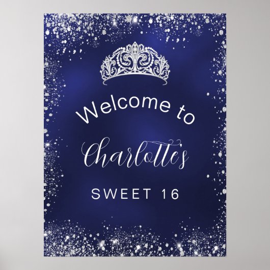 Sweet 16 marineblauw zilverglitter welkom poster (Voorkant)