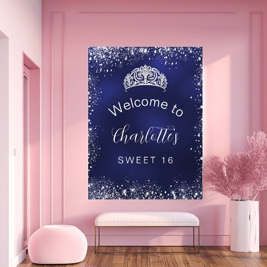 Sweet 16 marineblauw zilverglitter welkom poster