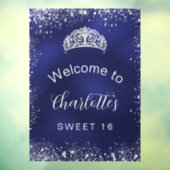 Sweet 16 marineblauw zilverglitter welkom raamsticker (Vel 3)