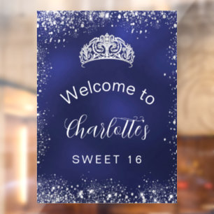 Sweet 16 marineblauw zilverglitter welkom raamsticker