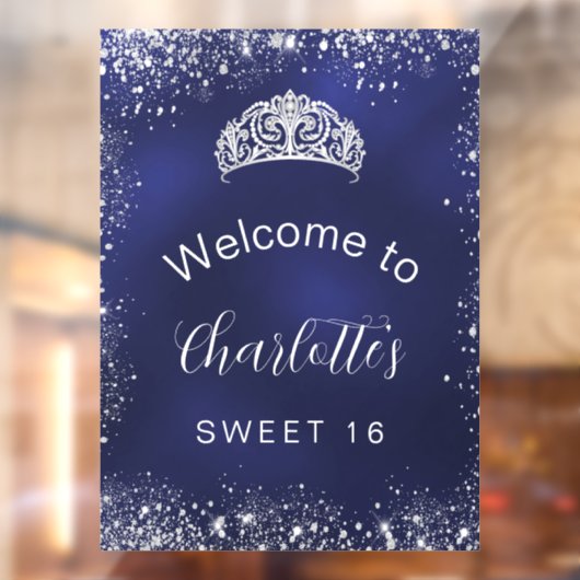 Sweet 16 marineblauw zilverglitter welkom raamsticker (Vel 2)