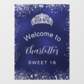 Sweet 16 marineblauw zilverglitter welkom raamsticker (Vel)