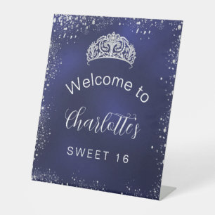Sweet 16 marineblauw zilverglitter welkom reclamebord met voetstuk