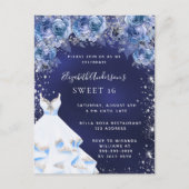Sweet 16 marineblauwe jurk glitter floral party uitnodiging briefkaart (Voorkant)