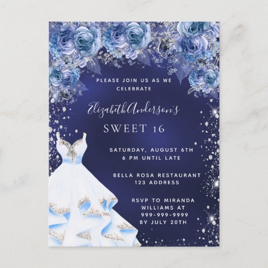 Sweet 16 marineblauwe jurk glitter floral party uitnodiging briefkaart (Voorkant)