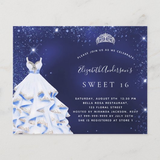 Sweet 16 marineblauwe jurk tiara budget uitnodigin (Voorkant)