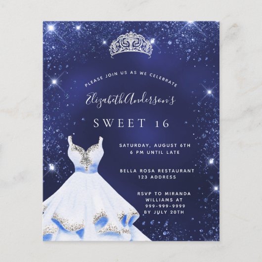 Sweet 16 marineblauwe jurk tiara uitnodiging (Voorkant)