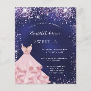 Sweet 16 marineblauwe roze jurk budget uitnodiging flyer