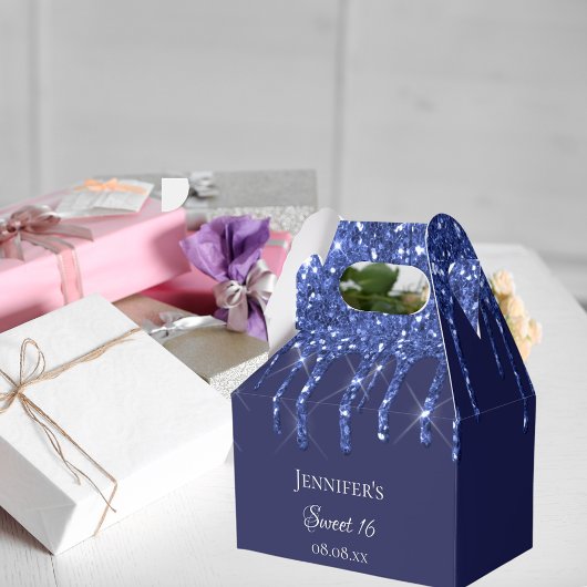Sweet 16 marineblauwe witte glitterdruppels bedankdoosjes