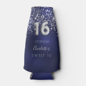Sweet 16 marineblauwe zilverglitternaam flesjeskoeler (Voorkant)