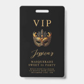 Sweet 16 Masquerade Black Gold VIP Invitation Badge (Voorkant)