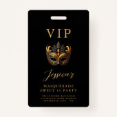 Sweet 16 Masquerade Black Gold VIP Invitation Badge (Voorkant)