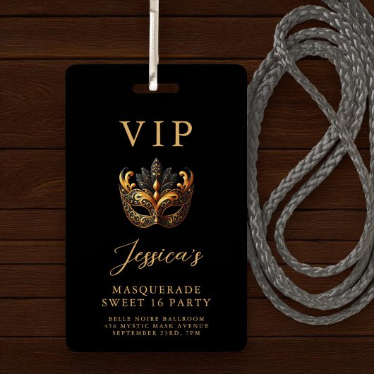 Sweet 16 Masquerade Black Gold VIP Invitation Badge