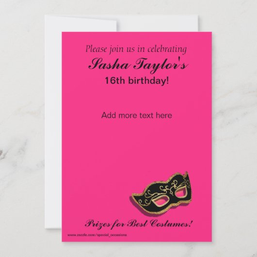 Sweet 16 Masquerade Costume Party Kaart (Achterkant)