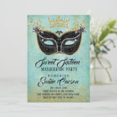 Sweet 16 Masquerade Gold Glitter en Aqua Kaart (Staand voorkant)