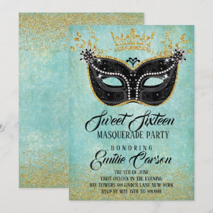 Sweet 16 Masquerade Gold Glitter en Aqua Kaart