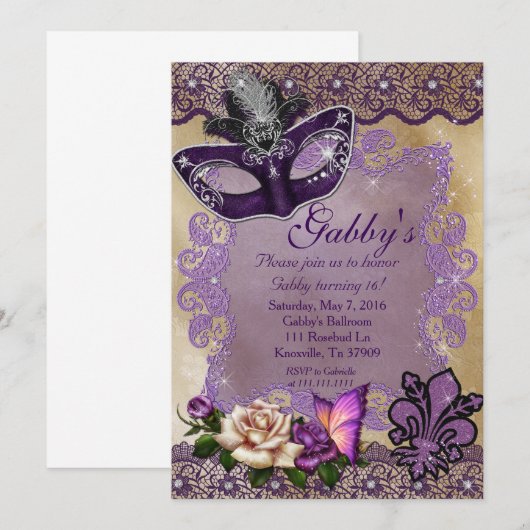 Sweet 16 Masquerade Kaart (Voorkant / Achterkant)